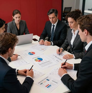 A group of professional business partners in a North American office collaborating over a large table filled with franchising blueprints and financial reports. The style is modern and high-contrast, featuring crimson and black office decor.