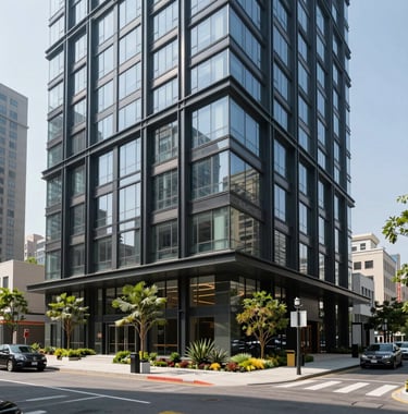 A professional exterior shot of a modern commercial property in a North American city at midday. The building features glass and black metal facades with high-end landscaping, representing a successful real estate management project.