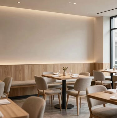 An interior shot of a sophisticated Scandinavian-style restaurant in North America. The design features light wood, neutral parchment tones, and minimalist furniture, conveying a cozy yet professional atmosphere.