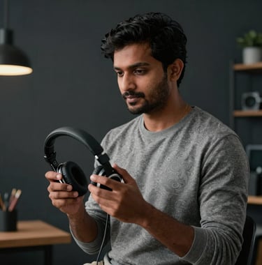 An Indian artist in a modern studio environment, holding a pair of headphones, looking focused and confident, dark charcoal background.