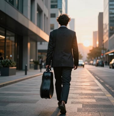 A musician walking through a modern urban street at sunset, carrying a guitar case, conveying a sense of global movement and sophisticated style.