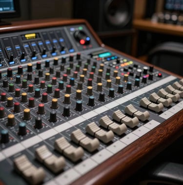 Close-up of a high-end mixing console in a dark room with deep coffee brown wood accents, professional and modern music production equipment.