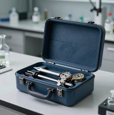Product photography of a high-end luxury mechanical tool paired with its custom Slate Blue transit case. Shot in a sterile North American laboratory setting. Editorial style.