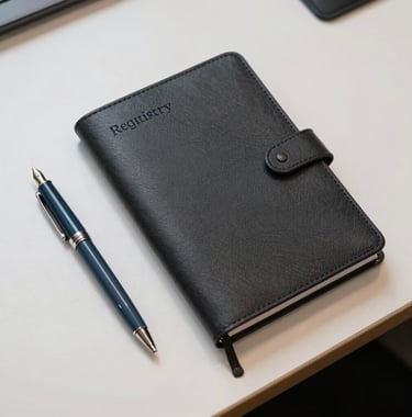 A minimalist overhead photograph of a dark charcoal leather-bound registry ledger next to a slate blue fountain pen on a polished off-white desk in a North American / US corporate office environment. Editorial and authoritative style.