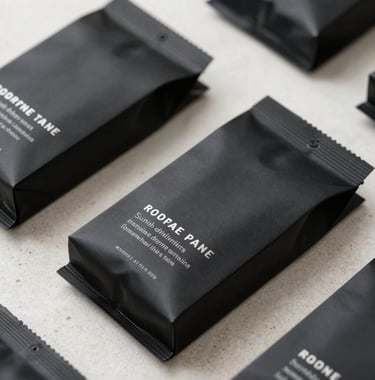 A macro photograph of premium, matte-black product packaging featuring embossed light silver text, arranged on an off-white stone surface in a North American / US design studio. Stark, clean, and professional composition.