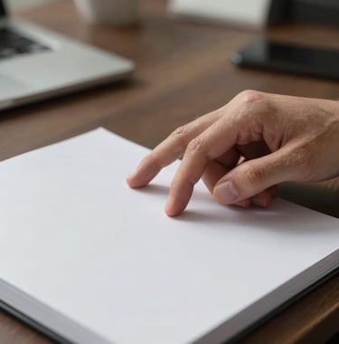 A close-up photograph of a professional's hand in a North American / US office environment, interacting with a stark white and charcoal product catalog. Editorial style with significant negative space.