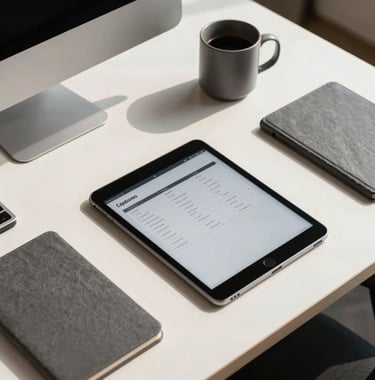 Overhead editorial shot of slate grey office accessories and a professional tablet showing a product index. High-end off-white desk in a North American / US executive office with natural sunlight.