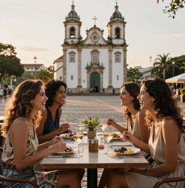 A group of elegant women laughing and sharing a meal at a stylish outdoor restaurant in a historic Brazilian plaza during the golden hour, high-end travel photography.