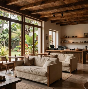 Photography of a boutique hotel's interior in South America, featuring natural wood, linen fabrics, and large windows with greenery outside.