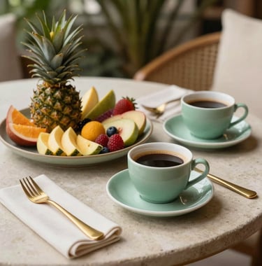 A close-up shot of a gourmet tropical fruit platter and high-end coffee served on a stone table at a South American boutique hotel. Soft morning light, gold utensils, and a color palette of sage green and off-white.