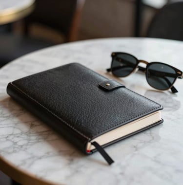 Close-up photography of a sophisticated travel journal and a pair of sunglasses on a marble table in a Brazilian cafe, with soft natural light.