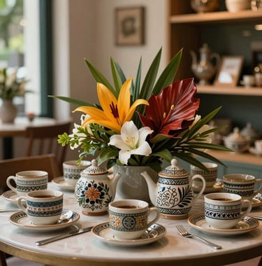 Close-up of a beautifully arranged table in a Brazilian boutique hotel, featuring locally crafted ceramic coffee cups and fresh tropical flowers, soft natural lighting.