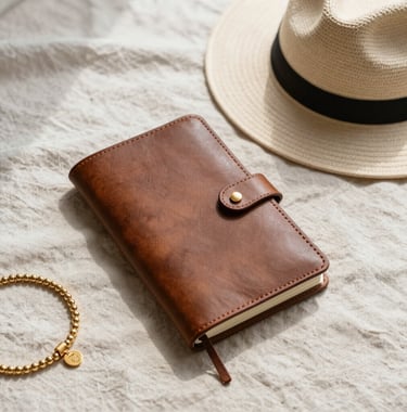 A minimalist composition of a leather travel journal, a sun hat, and gold jewelry resting on an off-white linen cloth. Soft shadows, high-end travel aesthetic, sophisticated and clean look.