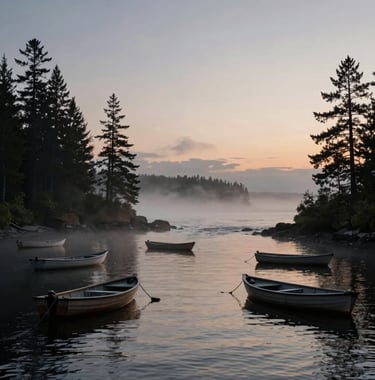 A moody landscape photograph of a North American coastal inlet. Small wooden boats are anchored in the misty water at twilight, with silhouettes of pine trees lining the shore.