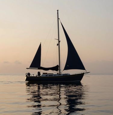 A silhouette of a classic sailboat anchored in a quiet cove against a soft, pale sand-colored sky at dawn. The water is perfectly still, reflecting the deep charcoal blue of the hull and the early morning light.