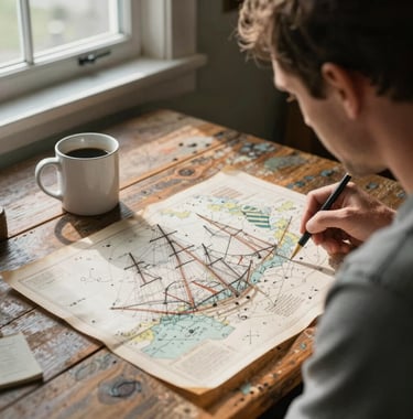 A candid photography shot of a man looking over old nautical charts spread across a weathered wooden table. A simple mug of coffee sits nearby, with soft morning light coming through a window, casting gentle shadows in a North American / Coastal setting.