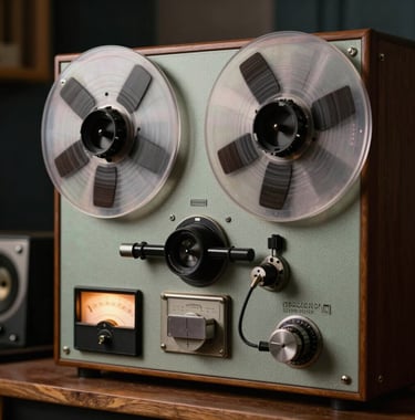 A detailed close-up of a vintage reel-to-reel tape recorder in a dimly lit studio environment. The warm glow of analog meters reflects off dark wood panels and muted sea green equipment, conveying a sense of timeless craftsmanship.