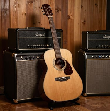 A still life photograph of an acoustic guitar leaning against a stack of vintage amplifier equipment in a warm, wood-paneled room. The lighting is soft and artistic, focusing on the craftsmanship of the instrument.