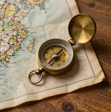 An overhead flat-lay photograph of an old brass compass and a weathered paper map resting on a warm, wooden table surface. The lighting is soft and golden, evocative of travel and planning a journey.