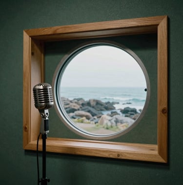 A quiet recording booth with a vintage microphone and a porthole window looking out at a rocky shore, muted sea green and wood tones, North American coastal style.