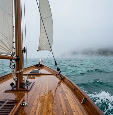 A cinematic shot of a classic wooden sailboat's bow cutting through misty teal sea water under an overcast sky, North American coastal region.