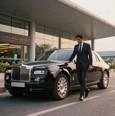 An elegant chauffeur-driven luxury sedan parked outside a modern premium airport terminal in India. A corporate traveler in a sharp business suit is entering the car. Evening golden hour lighting, clean composition, sophisticated corporate travel vibe.