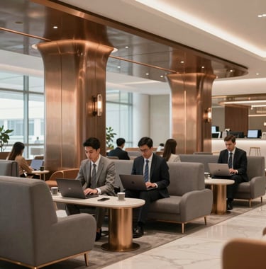 A modern, premium airport executive lounge in a major Indian city. High-end minimalist interior design with elegant bronze accents, comfortable seating, and corporate professionals working on laptops. Muted slate gray and warm cream tones. Professional photography.