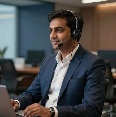 A professional South Asian / Indian travel consultant wearing a modern corporate suit, speaking politely on a headset in a sophisticated, sleek corporate operations room. Soft warm lighting with deep blue and bronze undertones. High-end editorial photography.