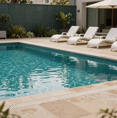 A high-end leisure area featuring a sparkling swimming pool with sandy taupe tiles. The water reflects the dark slate green of the surrounding security wall and premium landscaping. Soft, pearlescent white lounge chairs are placed neatly by the side.