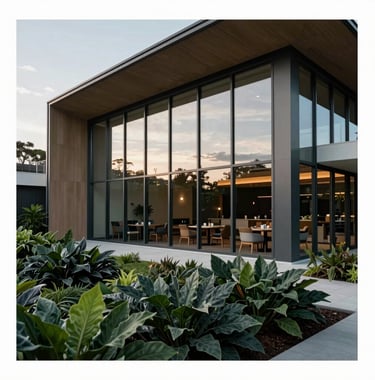 Exterior shot of a modern leisure area clubhouse. The building features large glass windows reflecting a pearlescent white sky, with architectural accents in sandy taupe. The surrounding garden is lush with dark slate green foliage.