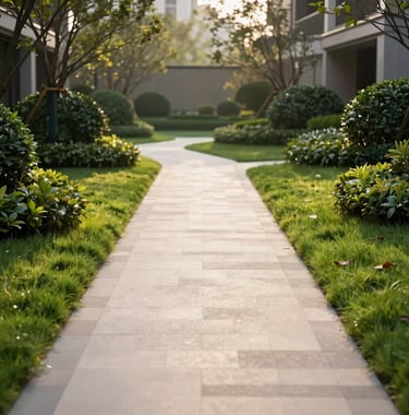 A serene lifestyle photograph of a paved walking path within a high-end residential development. The path is a soft cream color, bordered by vibrant soft leaf green grass and manicured dark slate green hedges. Morning sunlight creates a tranquil atmosphere.