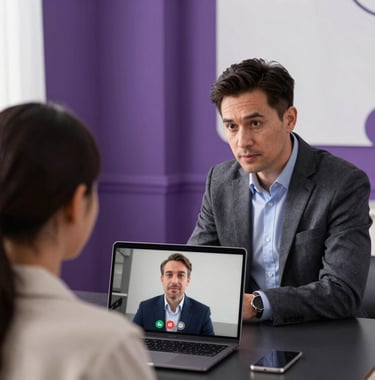 An over-the-shoulder shot of a professional mentor providing feedback to a student via a video call on a laptop. Clean, bright room with deep royal purple architectural details. Sophisticated and high-tech feel.