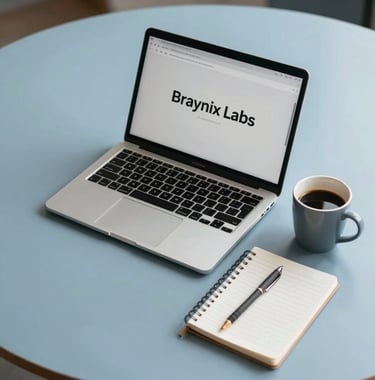 A high-angle shot of a minimalist workspace with a laptop, a notebook, and a coffee cup on a light blue surface, representing the focus and clarity of a Braynix Labs student.