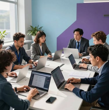 A group of North American / Global Professionals in a modern, sunlit collaborative workspace. They are engaged in an active learning session with high-tech tools, surrounded by light blue and purple decor.