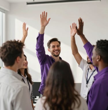 Close-up of a diverse team of professionals celebrating a project milestone in a high-tech startup office. Morning sunlight, minimalist design, and a palette of vibrant purple and soft off-white. Professional growth concept.