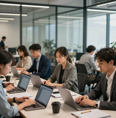 A bright shot of a diverse group of focused professionals in a modern, glass-walled co-working space, collaborating with laptops and high-end tech equipment. North American / Global Professional.