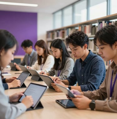 A group of focused North American / Global Professional students in a modern, sun-drenched library space collaborating over digital tablets. Minimalist aesthetic with vibrant purple accents in the lighting. Result-oriented mood.