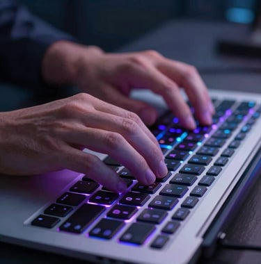 A detailed close-up of a person's hands typing on a high-tech keyboard with vibrant, soft purple and blue light reflecting off the keys in a dimly lit, futuristic office. North American / Global Professional.