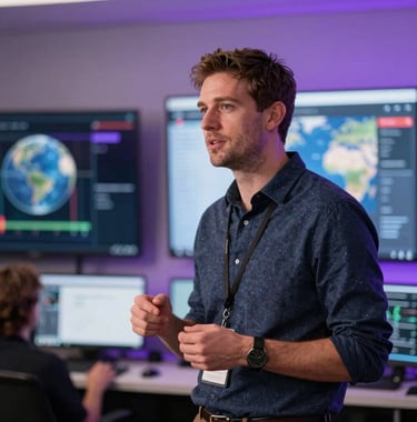 Action shot of a North American / Global Professional presenting in a tech-focused workshop. The background features blurred digital displays and soft purple ambient lighting.