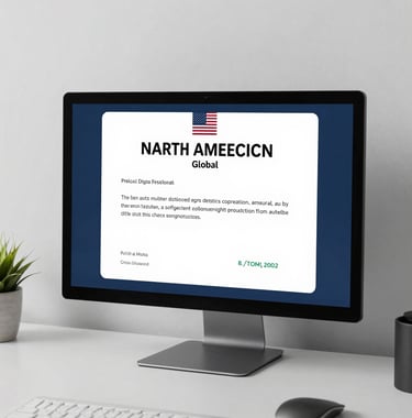 A clean, high-resolution shot of a modern digital certificate displayed on a high-end monitor, surrounded by a minimalist and sophisticated desk setup. North American / Global Professional.