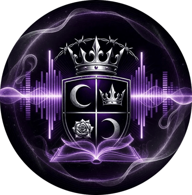 Vaeloria's crest of 2 moons, a crown and rose set in a shield with wings. a crown under barbed wire sit at the top