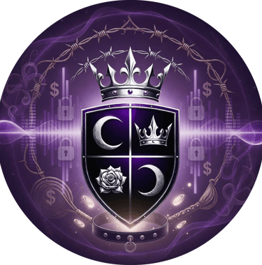 Vaeloria's crest of 2 moons, a crown and rose set in a shield with wings. a crown under barbed wire sit at the top
