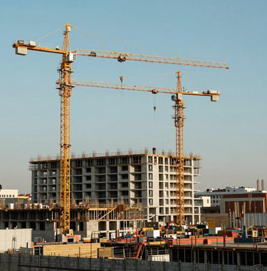 Realistic photography of a construction site in Bucharest during daytime, showing cranes and initial foundation work for a large medical complex, under a clear light blue sky.
