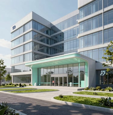 Detailed architectural visualization of the future multidisciplinary emergency hospital entrance in Bucharest, showcasing modern glass design and accessible green spaces, using a palette of soft blue and mint.