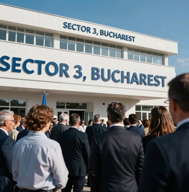 Professional photography of the groundbreaking ceremony for a new hospital in Sector 3, Bucharest, with community leaders and clear blue skies, conveying urgency and responsibility.