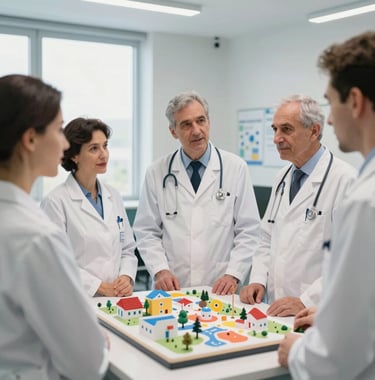 Candid photo of a group of Romanian medical professionals in white coats discussing a hospital model in a bright, modern office, symbols of professionalism and community hope.