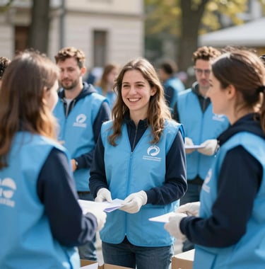 A group of cheerful Central European volunteers in Bucharest wearing light blue vests with the association logo, participating in a community fundraising event, bright and inspiring atmosphere.