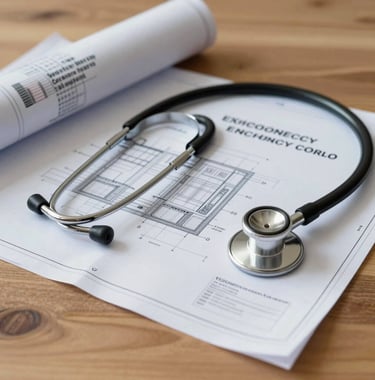 Clean, focused shot of a construction blueprint for an emergency room, lying on a wooden table next to a stethoscope, symbolizing the medical mission in a Romanian context.