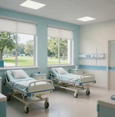 3D architectural rendering of the hospital's patient recovery rooms, featuring large windows with views of a green park, soft light blue and off-white interior design. Central European / Romanian aesthetics.