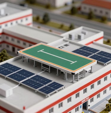 Close-up photography of a scale model of the multidisciplinary emergency hospital, showing the landing pad on the roof and the integrated solar panels. Central European / Romanian architectural office.